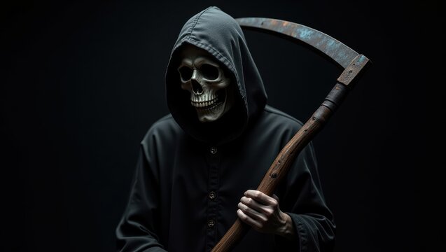 Grim Reaper figure in black robe holding a scythe dark background Death