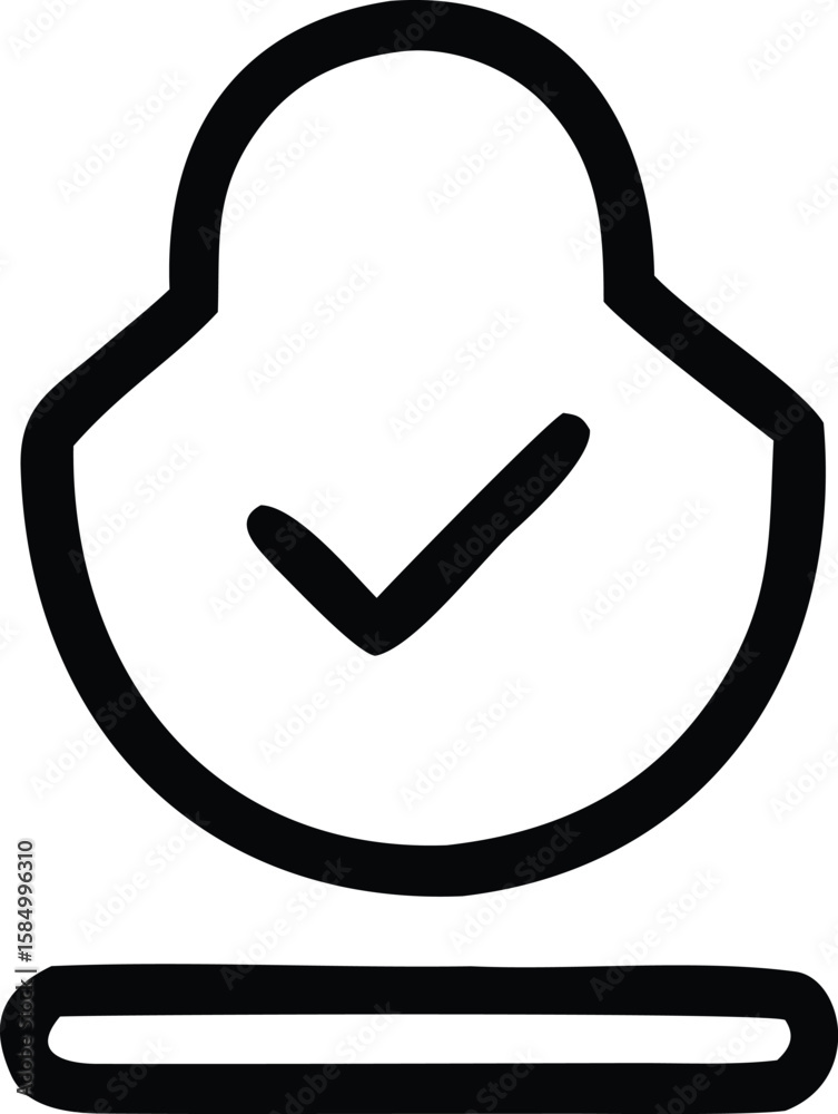 Poster simple black outline of a padlock with a checkmark inside resting on a horizontal line symbolizing s