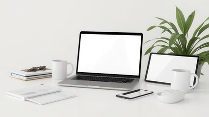 Fototapeta premium A sleek, minimalist workspace featuring a laptop, tablet, smartphone, and office supplies against a white backdrop.