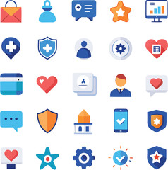 A vibrant collection of flat design icons representing various concepts including communication security health and user profiles