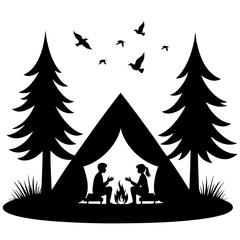Couple camping by campfire with trees and birds tent