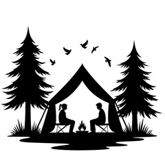 Couple camping by campfire under trees with birds flying tent