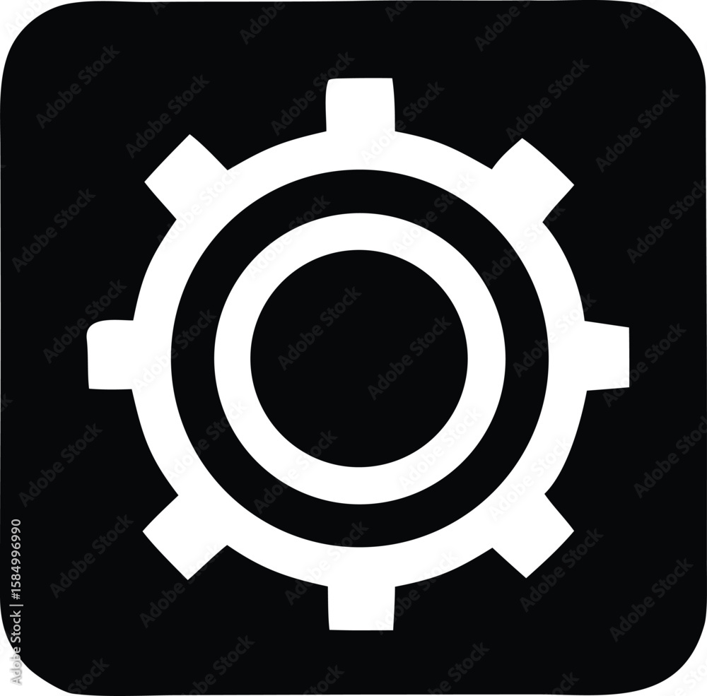 Poster a simple white gear icon with multiple teeth is centered on a black background with rounded corners 