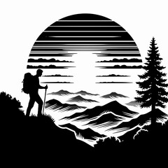 The image shows a person hiking in the. Cartoon Clipart Silhouette Vector Illustration Line Art Illustration. .