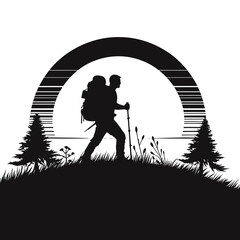 The image shows a person hiking in mountains. Cartoon Clipart Silhouette Vector Illustration Line Art Illustration. .