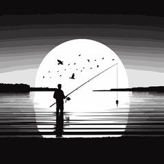 The image shows a man standing on lake dock with fishing pole in. Cartoon Clipart Silhouette Vector Illustration Line Art Illustration. .