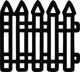 A stylized black and white graphic illustration of a simple picket fence with pointed tops and horizontal crossbars creating a bold graphic design