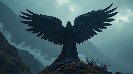 Obraz premium Dark Angel with Wings on Mountain Top