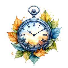 Pocket watch showing autumn sunset and surrounded by colorful leaves on transparent background