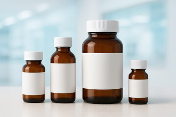 Amber bottles in various sizes are arranged on white countertop, showcasing their sleek design and blank labels, perfect for storage or display in modern setting