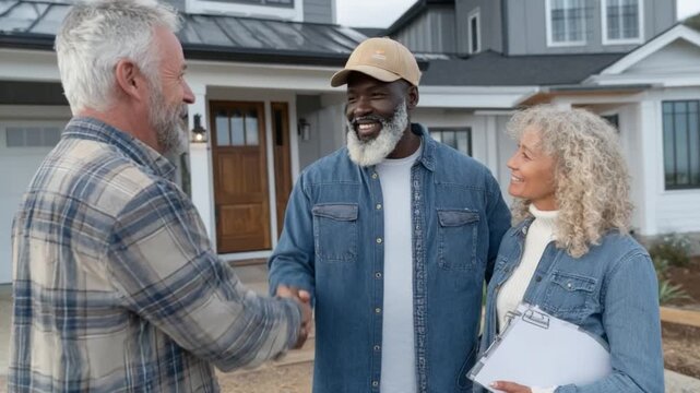 Home Purchase Handshake: A multiethnic couple shakes hands with a real estate agent in front of their new suburban home, symbolizing a successful property transaction and the joy of homeownership.