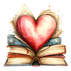 Watercolor heart emerging from open book over stack of books with transparent background