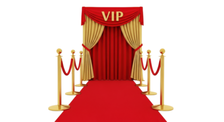 Elegant red carpet entrance with gold stanchions creates a VIP experience against a transparent background ideal for event promotions.