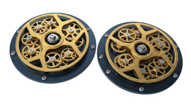 Two intricate golden gear mechanisms against a transparent background showcase precision engineering and mechanical design.