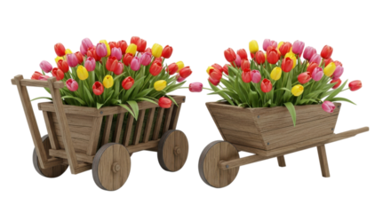 Delightful spring scene features colorful tulips overflowing from rustic wooden carts against a stark black backdrop, transparent background