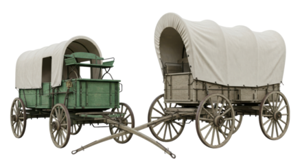 Antique covered wagons stand ready for a journey, evoking western heritage and pioneer life with an isolated transparent background.