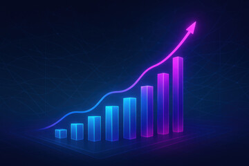 Neon financial growth chart with vibrant colors represents progress and success in cyberpunk style. upward trend evokes sense of optimism and innovation in finance