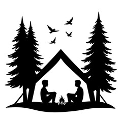Two people sit by a campfire under a tent with trees and birds camping
