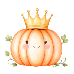 Cute smiling pumpkin wearing golden crown on transparent background