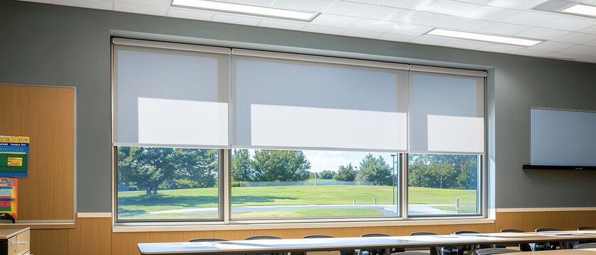 Classroom view with roller shades, tables, and a bright green landscape