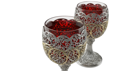 Two ornate wine glasses with silver and gold detailing stand against a stark transparent background, showcasing luxury drinkware.