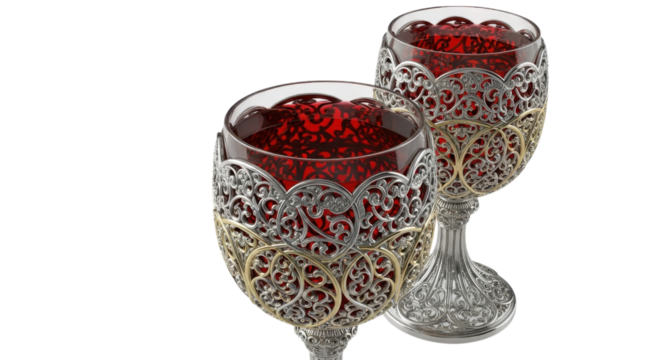 Two ornate wine glasses with silver and gold detailing stand against a stark transparent background, showcasing luxury drinkware.