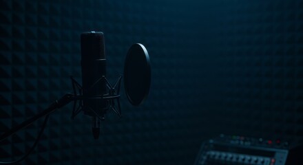 Professional recording microphone and audio equipment in a dimly lit studio