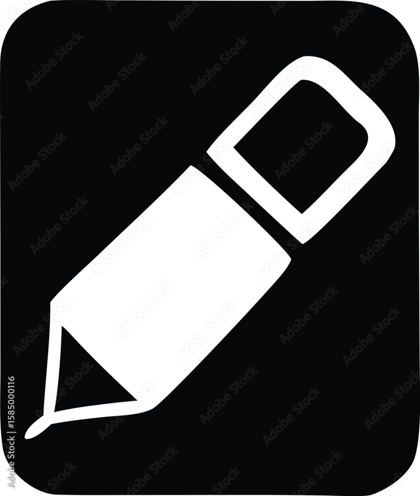 Aufkleber a simple white pencil icon with a sharpened tip and an eraser is displayed against a solid black bac