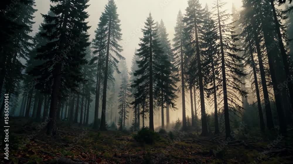 Wall mural trees in a forest with fog and sun shining through the trees