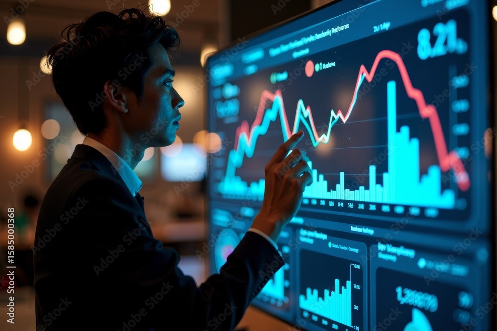Poster captivating image of silhouette using holographic dashboard display, with kpis displayed in floating