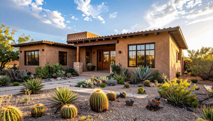 Obraz premium Desert-style adobe house with clay walls, cactus garden in the front yard, and soft golden hour lighting
