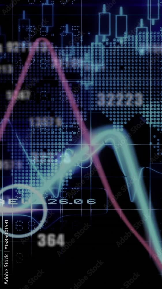 Poster animation of world map and data processing on black background