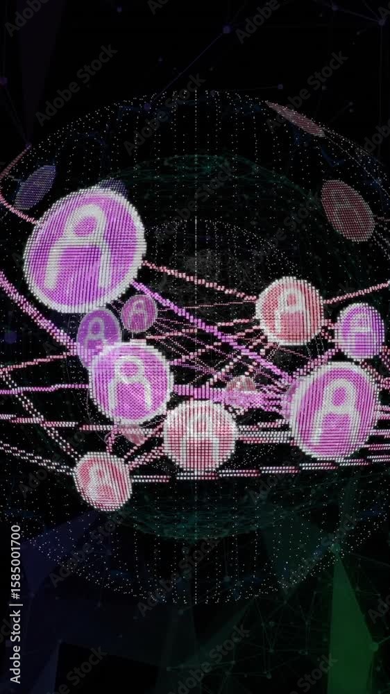 Poster digital network sphere with interconnected nodes and data flow animation
