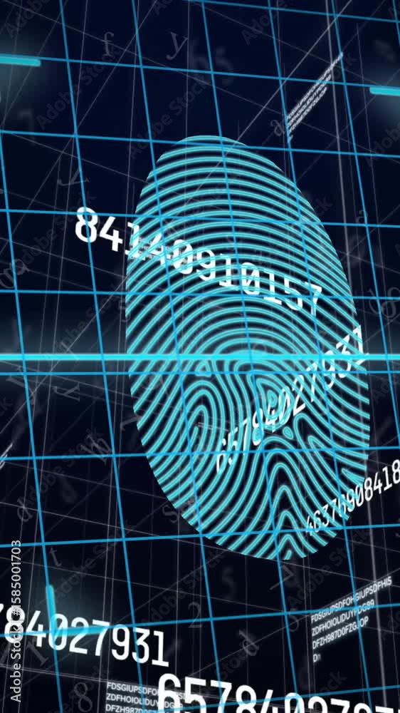 Poster scanning fingerprint with digital animation overlay on grid background
