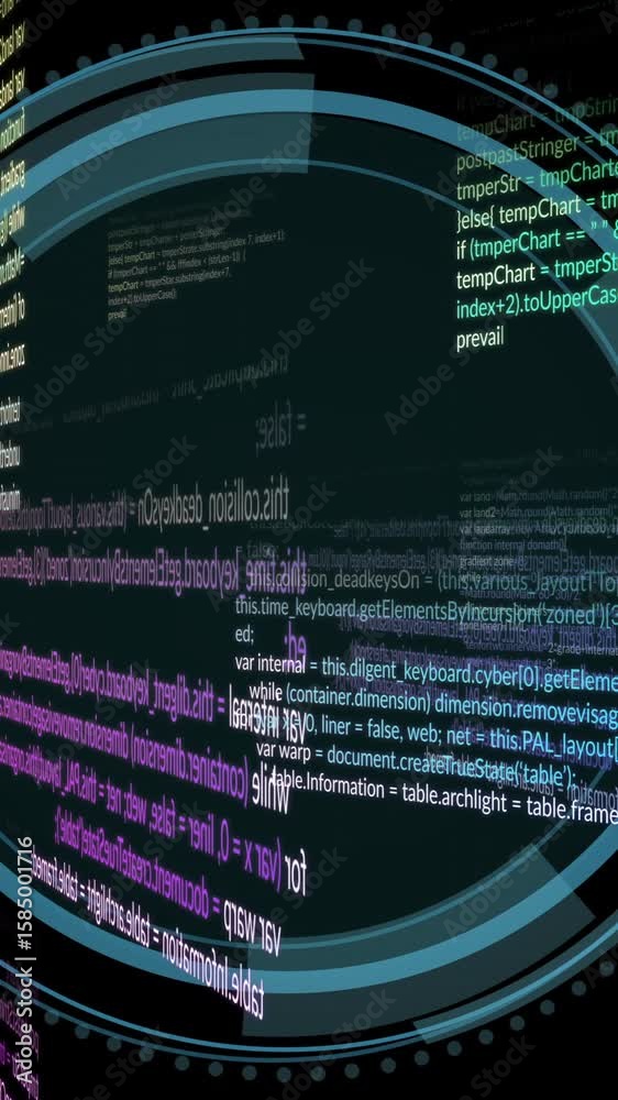 Aufkleber animation of rotating digital code and circular interface elements on black background