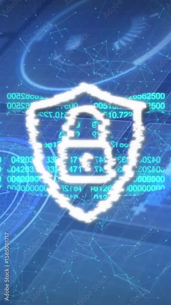 Aufkleber digital security shield icon over binary code and network connections animation
