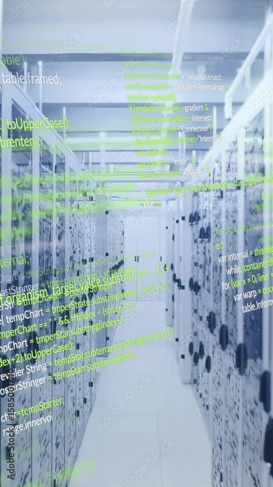 Poster computer code animation over servers in data center