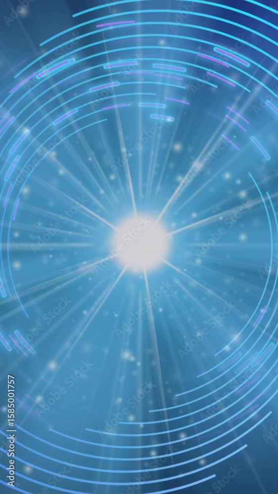 Poster creating animation, glowing circular patterns and light beams in digital design