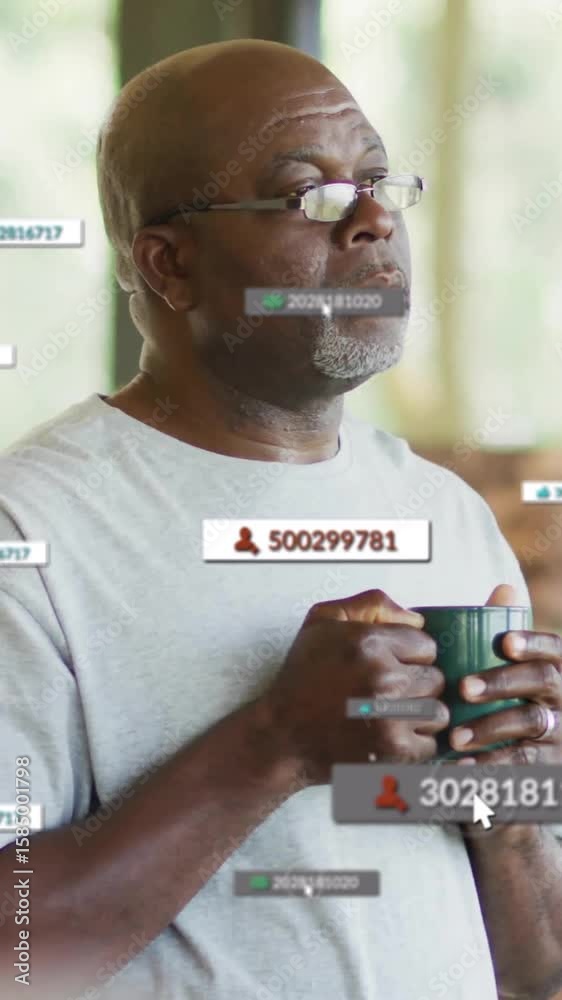 Canvas Prints holding cup, man surrounded by floating numbers and icons in animation