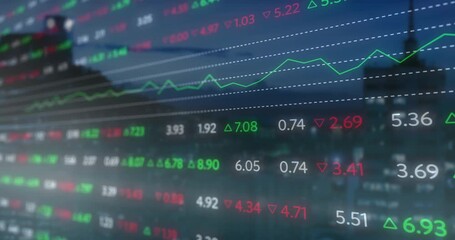 Launching interface showing transparent stock panel over skyline, numbers and arrows fluctuating - Powered by Adobe