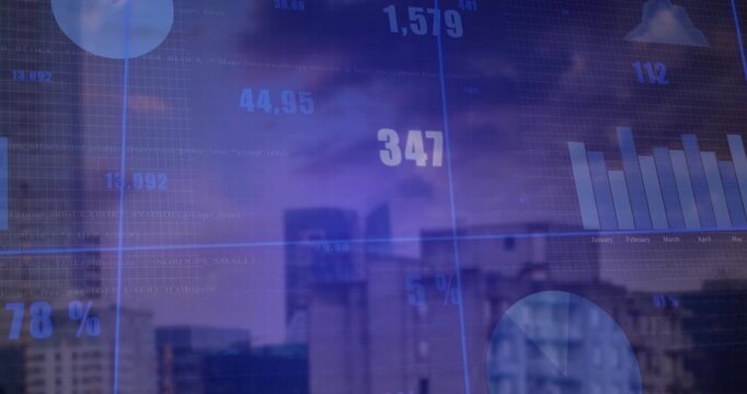 Tech grid overlay appearing over city dusk starting animated bar chart pie chart growth decline