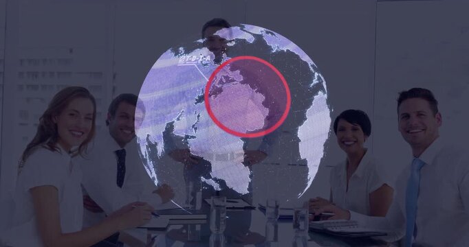 Business team watching globe fading, rotating with DTA path and expanding area, leader moving