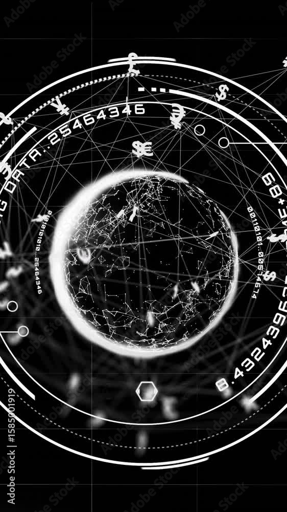 Poster animation of globe with data processing over dark background