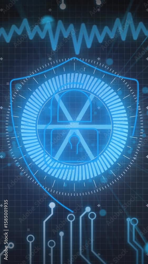 Poster Digital shield with animation of circuit patterns and data waves for cybersecurity