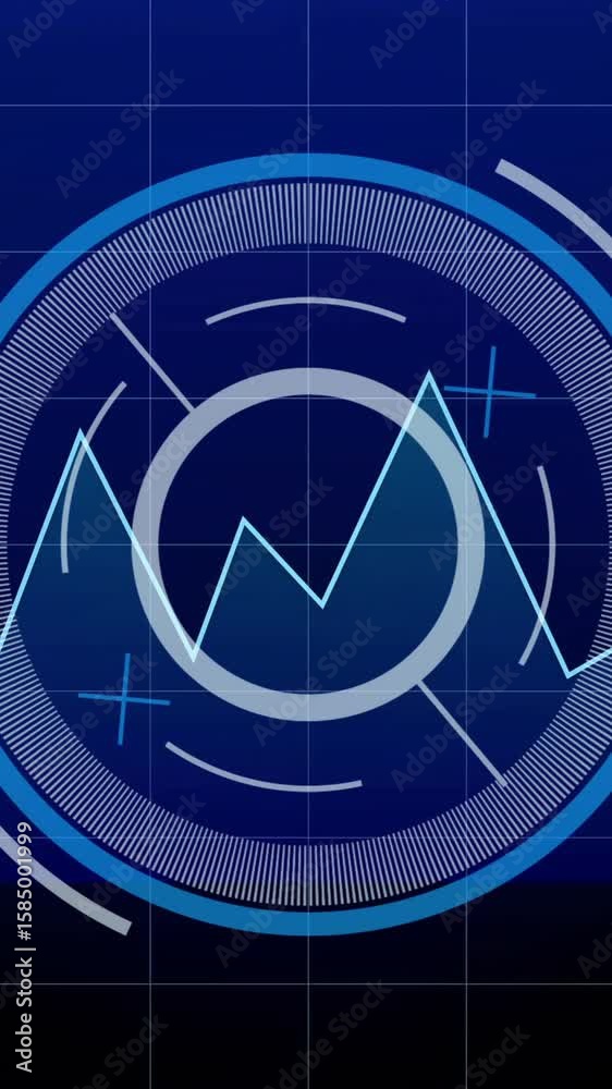 Poster financial data analysis animation with fluctuating graph and circular interface