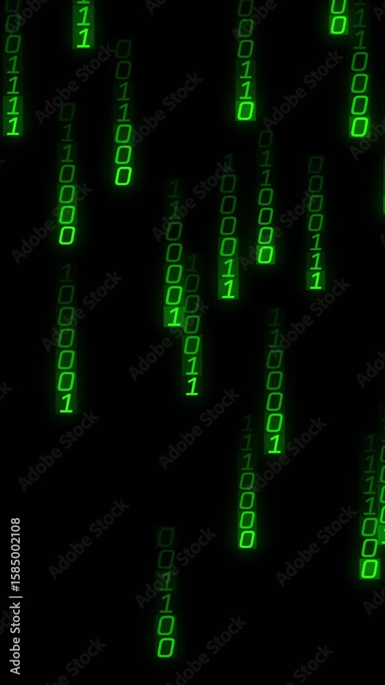 Poster Animation of green binary code raining over dark background, resembling data flow