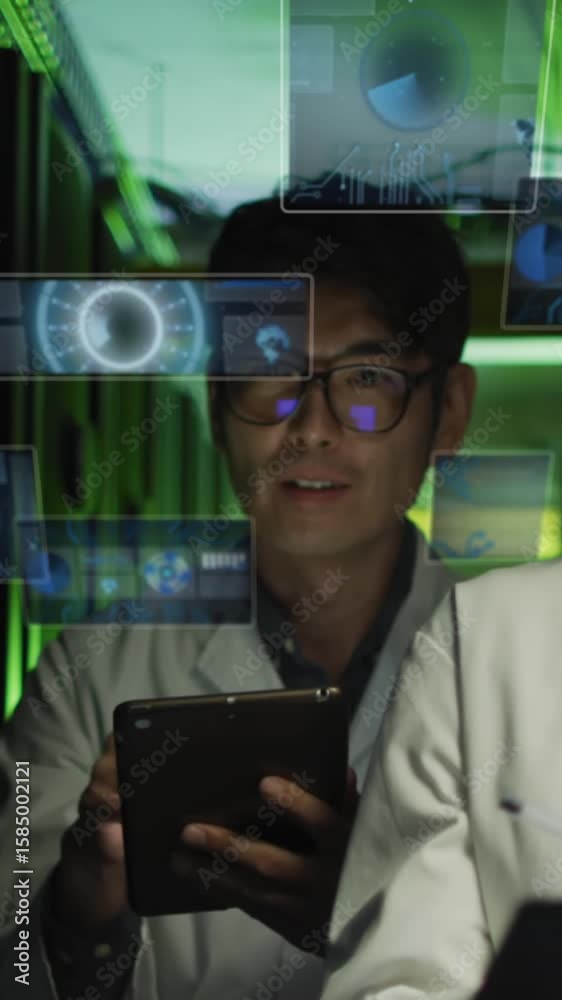 Poster animation of data processing over diverse it technicians by computer servers