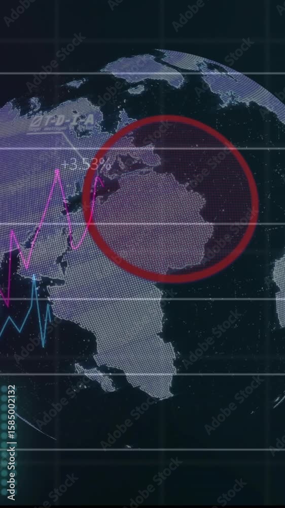 Poster animating financial data charts and graphs over rotating globe
