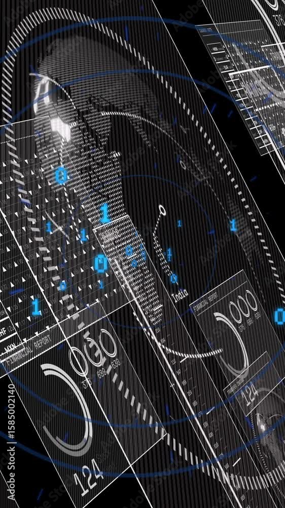 Poster animating digital data in futuristic interface with numbers in school setting