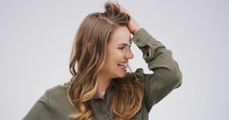 Smile, funny and woman in studio, profile and contemplation on white background. Happiness, mockup...